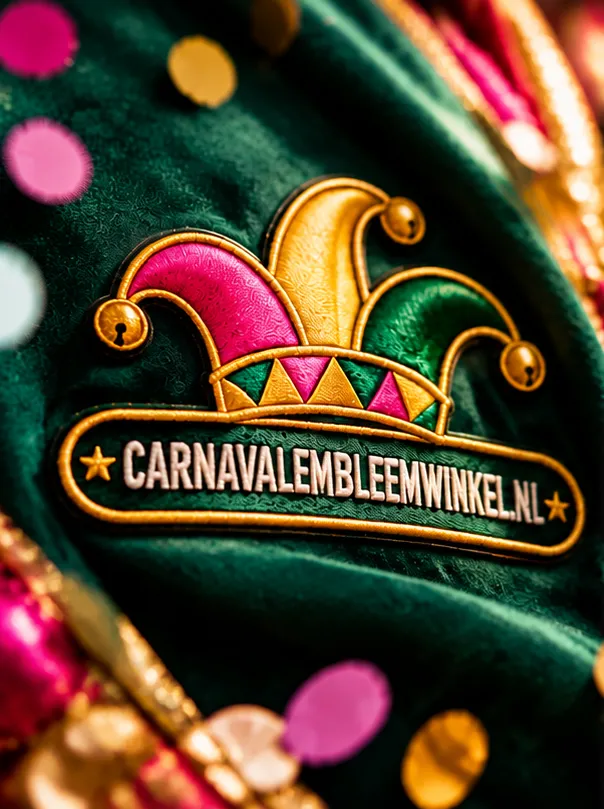 Geborduurd Carnavalembleemwinkel.nl embleem op groene stof