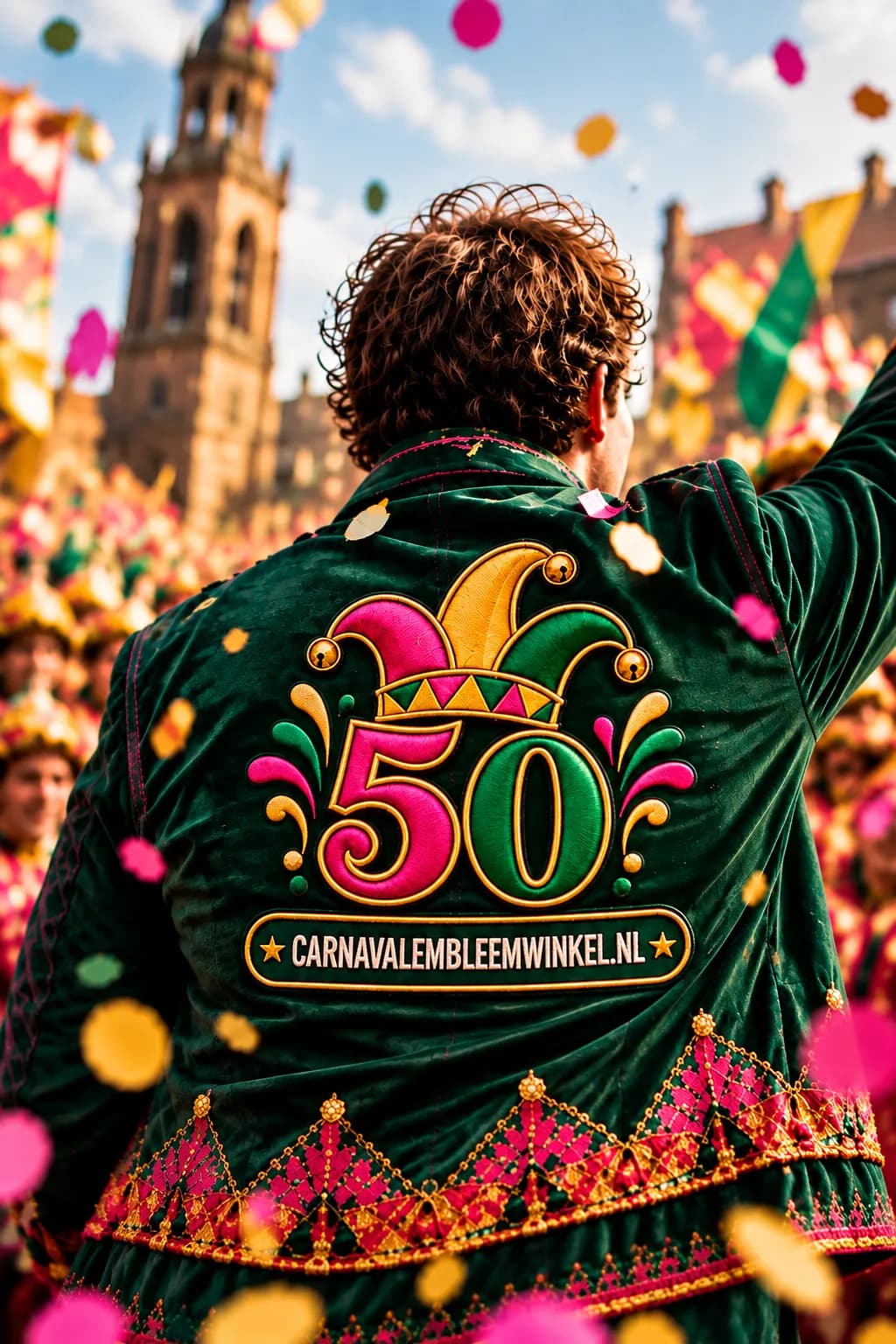 Feestvierder met geborduurd 50-embleem op carnavalsjas tijdens optocht